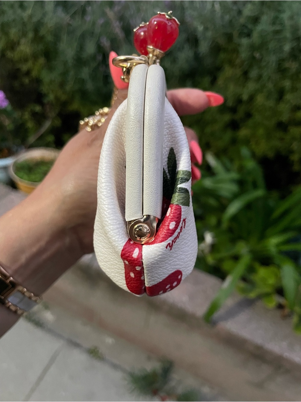 Coach Cream Mini Frame Bag with Red Strawberry Print and Gold Chain - Picture 6 of 11